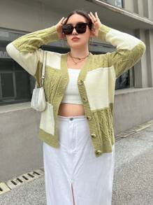 SHEIN Essnce 加兩色絞花針織開衫 - 彩色 - 查看 2