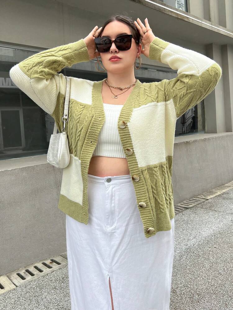 Plus Two Tone Cable Knit Cardigan