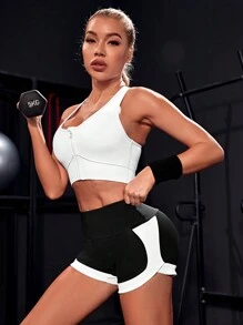 Two Tone Wideband Waist Sports Shorts Sweater Shorts - Black and White - View 5