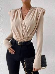 SHEIN Privé 素色墊肩T恤 - 杏色 - 查看 1