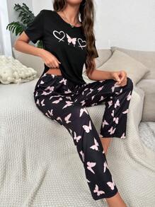 Conjunto de pijama con estampado de corazón y mariposa