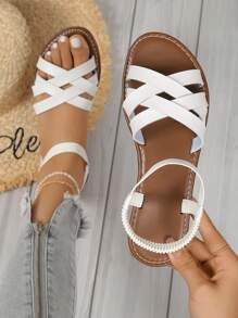 夏季萬能女士平底涼鞋,舒適開放式交叉帶皮革涼鞋適合女孩子 - 白色 - 查看 2