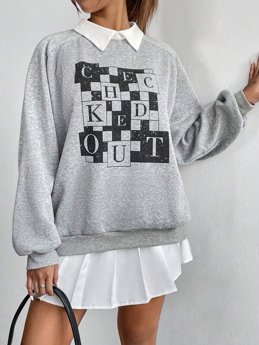 SHEIN Unity Áo nỉ 2 trong 1 tay raglan in chữ, kiểu dáng chui đầu, thích hợp cho mùa thu. - Xám - Xem 1