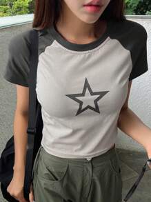 DAZY Star Print Raglan Sleeve Crop Tee Y2k