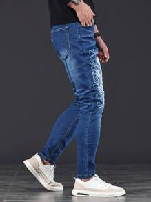 Manfinity 男士印花緊身牛仔褲 - 藍色 - 查看 6