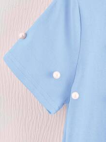 SHEIN 适合年轻女孩的珍珠装饰扭纹圆领短袖 T 恤