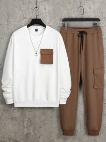 Manfinity Homme Men Contrast Pocket Sweatshirt & Drawstring Waist Sweatpants, Men Two Pieces Set, Men Outfits Sets Casual, Men 2 Pieces Casual Outfits, Men Matching Set Outfit, Brown Two Pieces Set Men - White - View 2