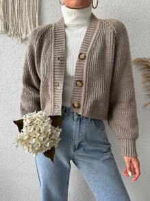 SHEIN Raglan Sleeve Button Front Cardigan - Khaki - View 1