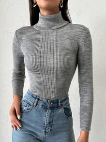 EURMUSE Turtleneck Ribbed Knit Sweater - Grey - View 3