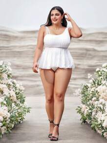 SHEIN Swim Curve 加大不對稱領口裙擺泳衣 - 白色 - 查看 5