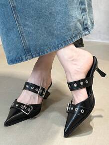 Giày cao gót mũi nhọn màu đen cho nữ có trang trí kim loại, giày lười hở lưng thoải mái khi đi ngoài trời, mùa xuân, mùa hè, mùa thu, thanh lịch, dự tiệc - màu đen - Xem 2