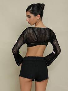 SHEIN Unity 1件贴花细节镂空针织超短款套头衫秋冬毛衣 - 黑色 - 查看 2