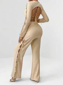 SHEIN Privé Solid Crop Tee & Flare Leg Pants - Apricot - View 1