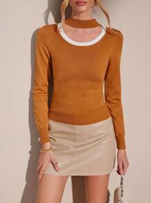 SHEIN LUNE Suéter de punto con recorte y ribete de contraste para otoño e invierno - Camel - Ver 3