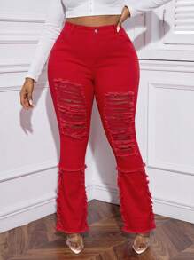 SHEIN SXY 大碼高腰破洞毛邊牛仔喇叭褲 - 紅色 - 查看 1