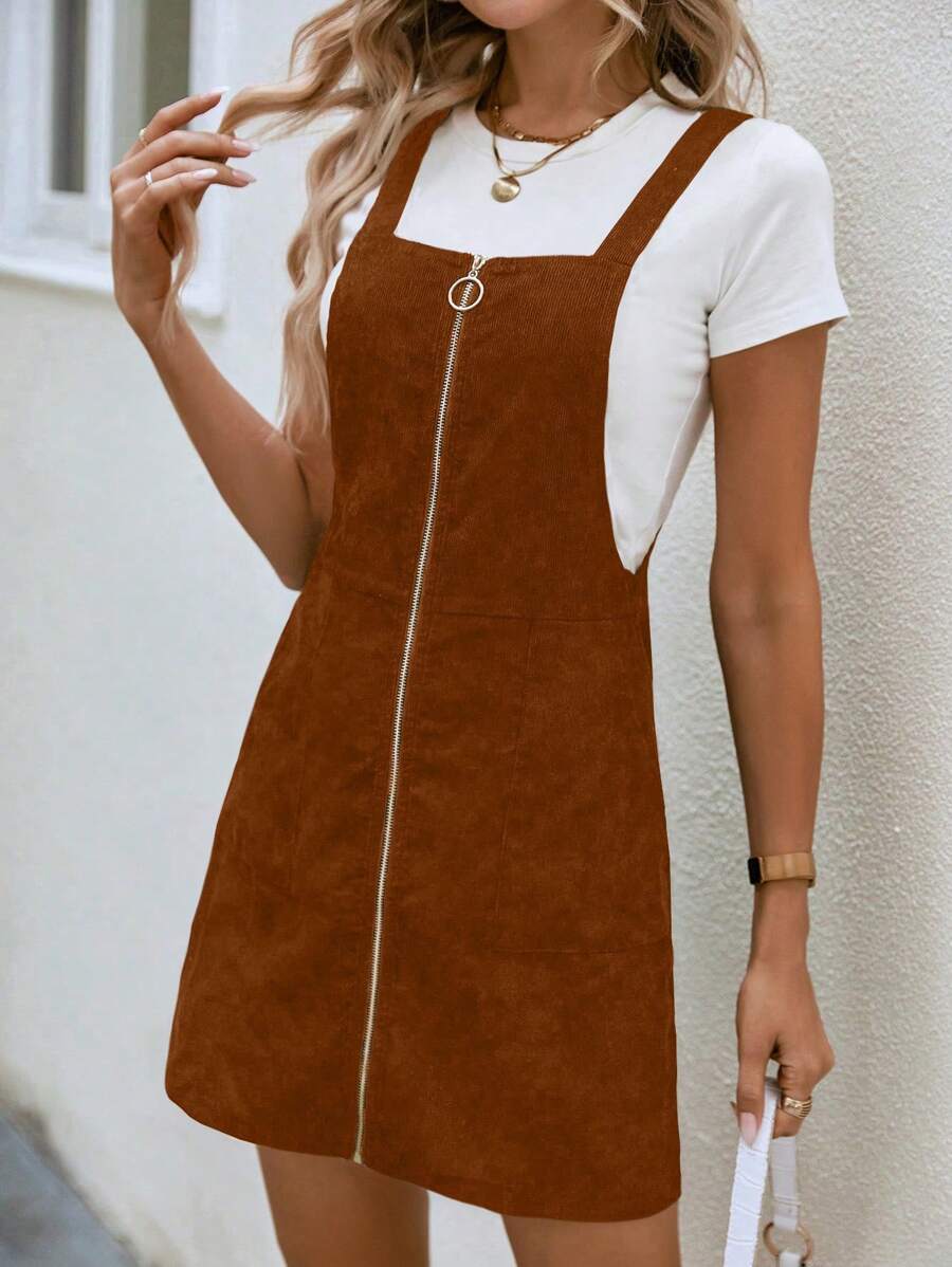 SHEIN LUNE Dây kéo Vải to sợi Đầm Tổng thể Without Tee - Rỉ Nâu - Xem 1
