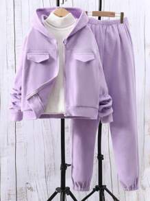 Teen Girl Flap Detail Hooded Jacket & Sweatpants Without Sweater
