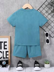 SHEIN 男小童標語圖案T恤和短褲 - 藍色 - 查看 2