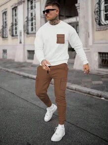 Manfinity Homme Men Contrast Pocket Sweatshirt & Drawstring Waist Sweatpants, Men Two Pieces Set, Men Outfits Sets Casual, Men 2 Pieces Casual Outfits, Men Matching Set Outfit, Brown Two Pieces Set Men - White - View 1