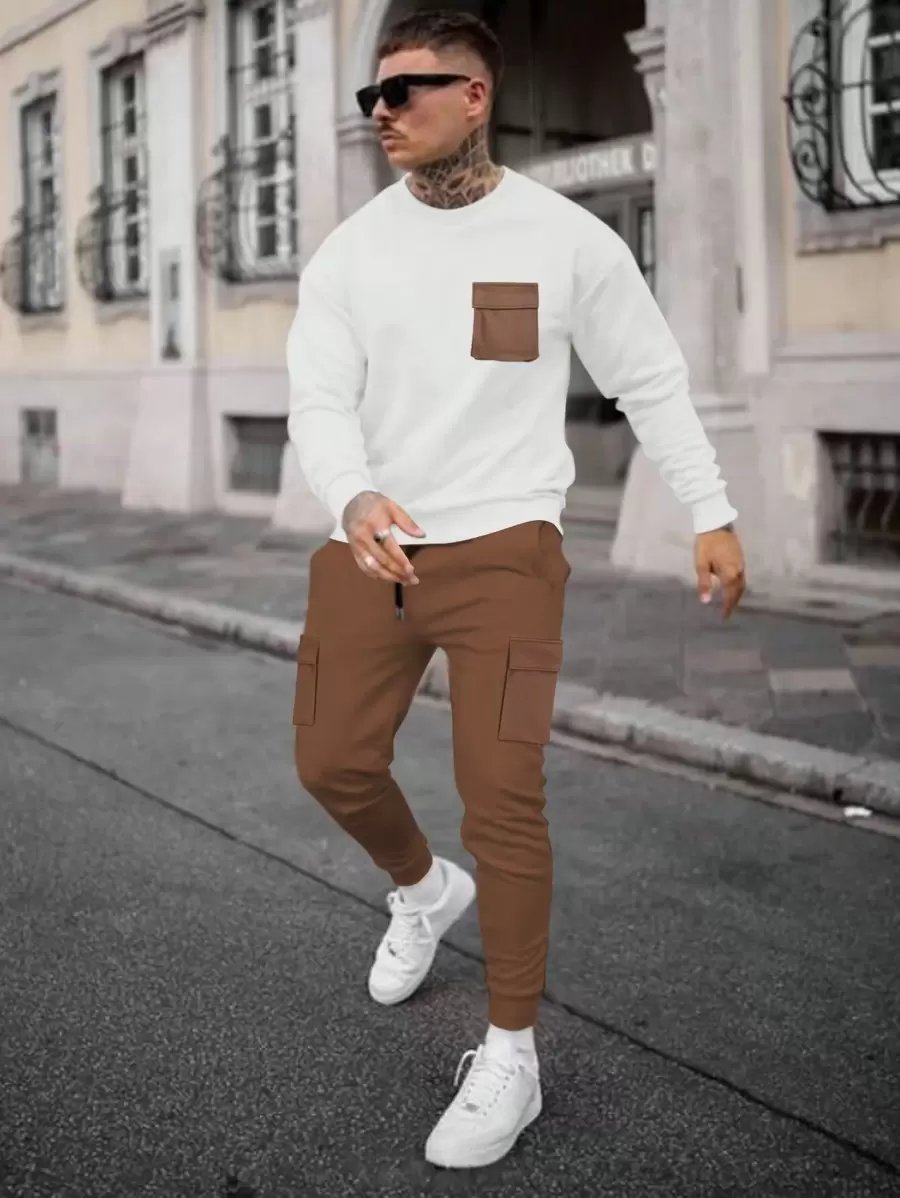 Manfinity Homme Men Contrast Pocket Sweatshirt & Drawstring Waist Sweatpants, Men Two Pieces Set, Men Outfits Sets Casual, Men 2 Pieces Casual Outfits, Men Matching Set Outfit, Brown Two Pieces Set Men - White - View 1