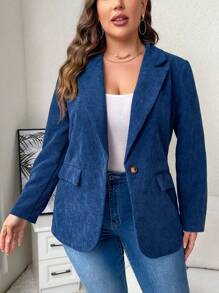 SHEIN Clasi Plus Lapel Neck Single Button Corduroy Blazer, For Winter - Navy Blue - View 1