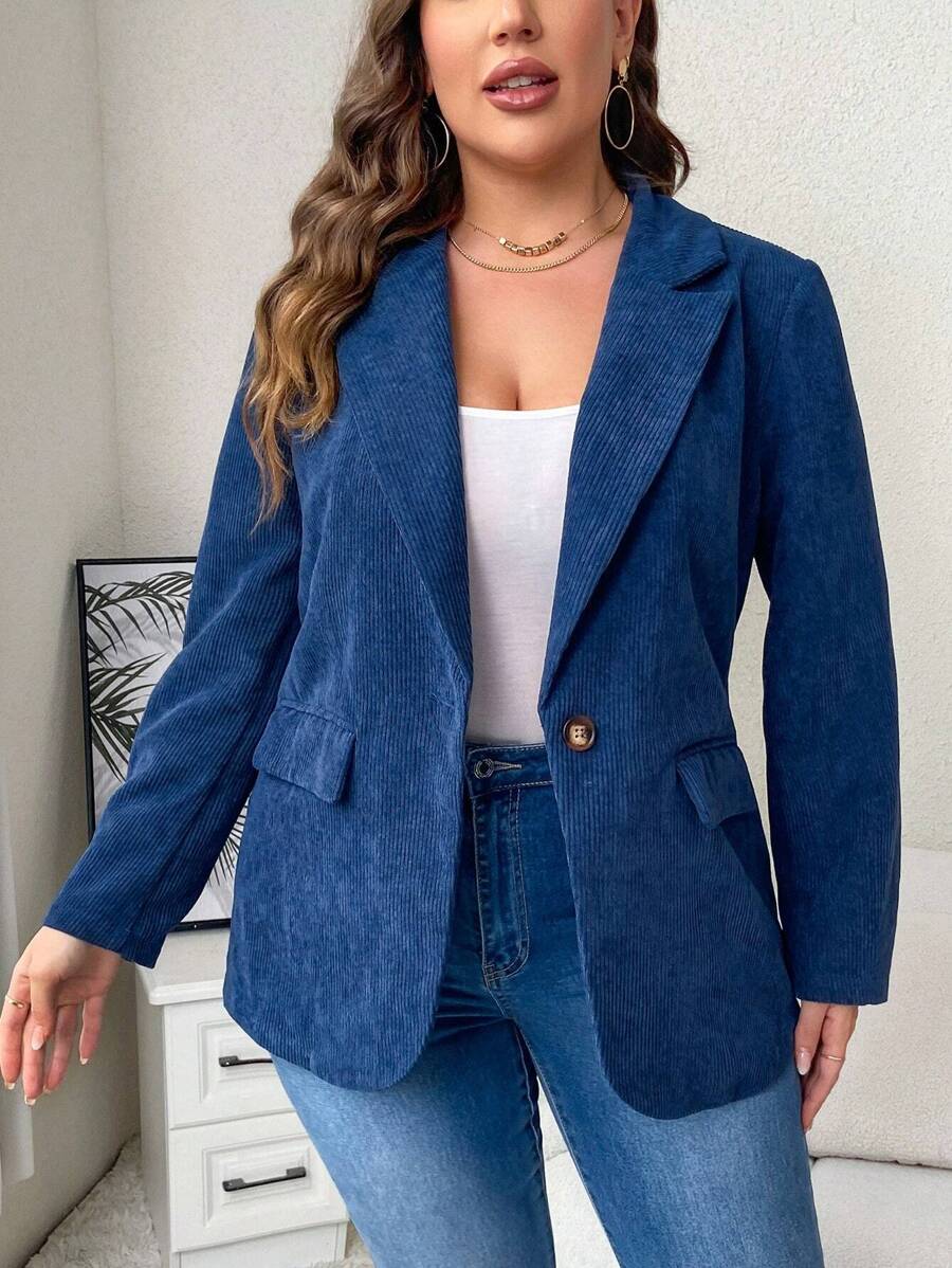 SHEIN Clasi Plus Lapel Neck Single Button Corduroy Blazer, For Winter - Navy Blue - View 1
