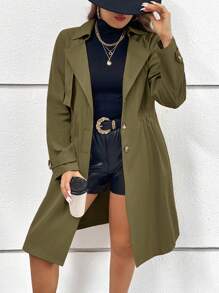 SHEIN Essnce Plus Lapel Neck Ruched Waist Button Front Trench Coat - Army Green - View 6
