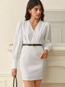 SHEIN Frenchy Surplice Neck Lantern Sleeve Dress Without Belt