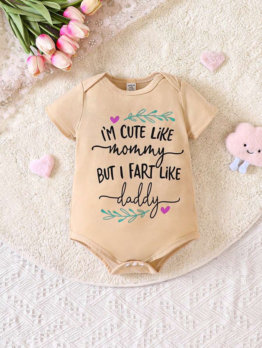 Baby Girl Summer Casual Slogan Heart Printed Bodysuit - Khaki - View 1