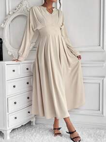 Chiquease 缺角領口褶皺細節洋裝 - 卡其色 - 查看 3