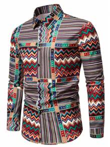 Manfinity Homme Men Print Button Up Graphic Colorful Cowboy Shirt, For Vacation, Husband, For Fall, Long Sleeve Top - Multicolor - View 1