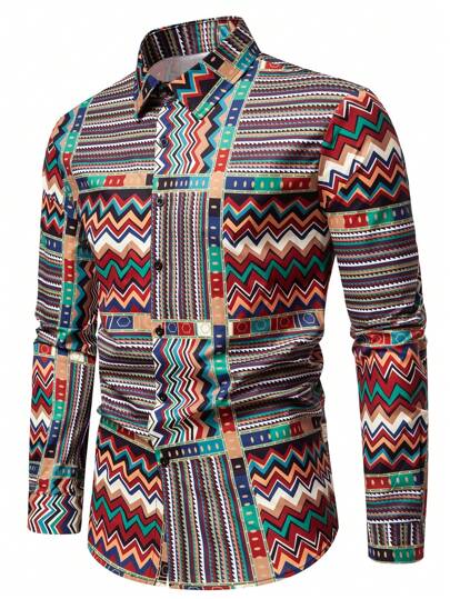 Manfinity Homme 男士印花纽扣牛仔衬衫，色彩鲜艳，适合度假、送给丈夫、秋季穿着，长袖上衣