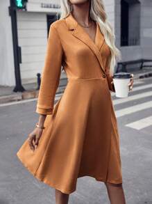 SHEIN Privé Solid Single Button Wrap Dress - Brown - View 3