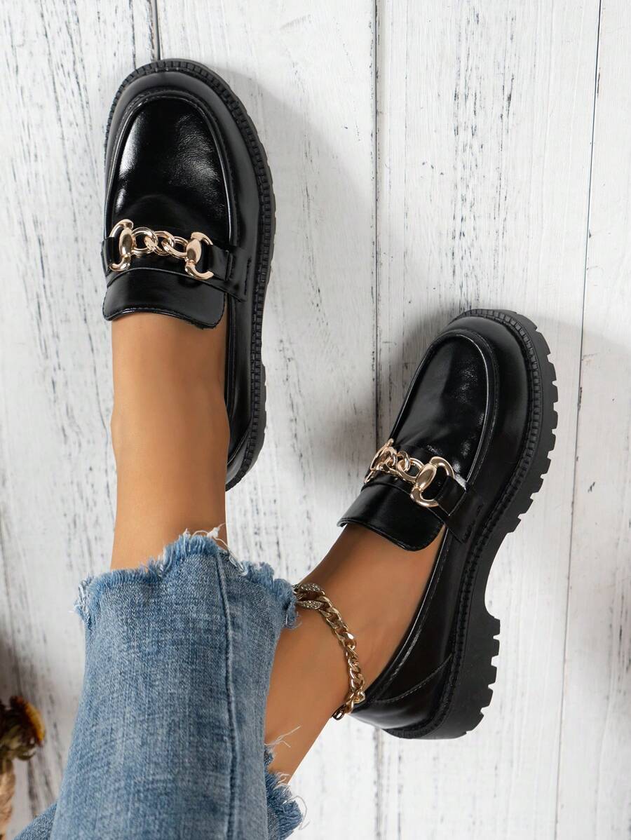 女性平底單鞋,皮革表面女士鞋,休閒樂福鞋,學校鞋適合女孩 - 黑色 - 查看 1