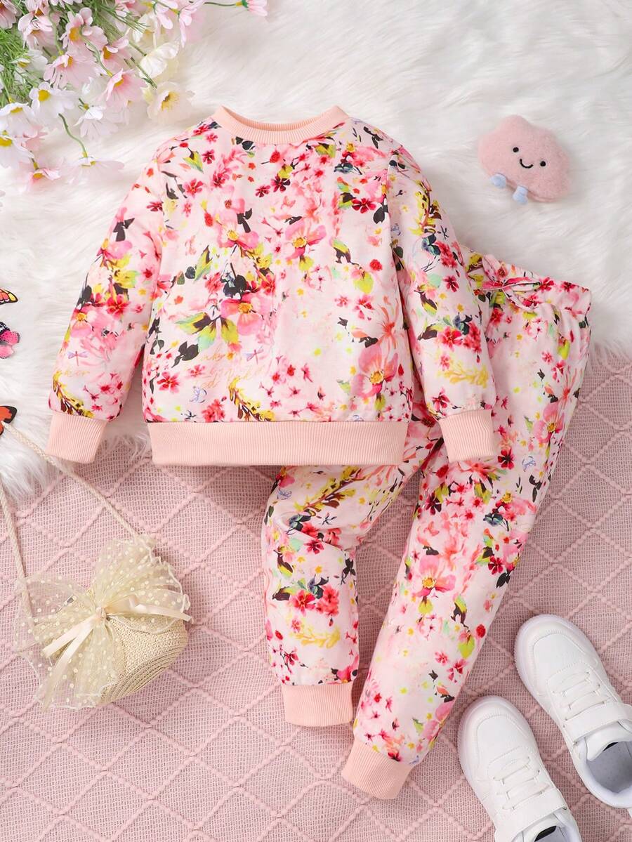 SHEIN Cô Gái Trẻ In hoa Áo len & Quần nỉ - Hồng - Xem 1