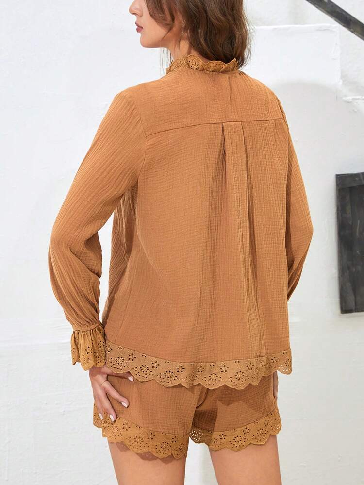 Contrast Lace Flounce Sleeve Blouse & Shorts