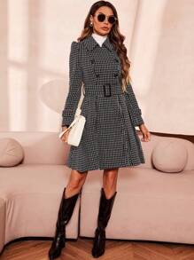 SHEIN Clasi Plaid Double Breasted Belted Tweed Overcoat - Multicolor - View 3