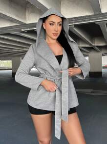 SHEIN SXY Abrigo con capucha y cinturón con cuello en cascada