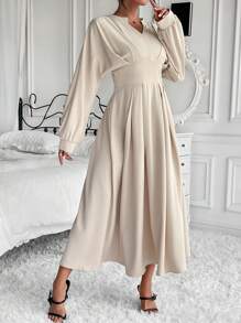 Chiquease 缺角領口褶皺細節洋裝 - 卡其色 - 查看 5