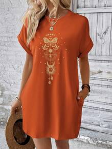 INAWLY Váy in hình bướm tay áo cánh dơi Áo thun có túi ẩn - Màu Cam cháy - Xem 3