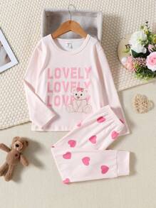 女小童熊和字母圖案睡衣套裝 - 粉色 - 查看 1