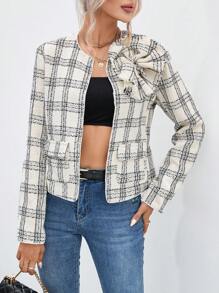 SHEIN Privé 格子印花蝴蝶結前開襟花呢夾克 - 杏色 - 查看 4