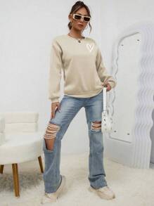 INAWLY Heart Print Drop Shoulder Sweatshirt,Long Sleeve Tops Graduation,Back To School Outfits,Graduation,Teacher Outfits For Women,Back To School Pullover Fall Outfit