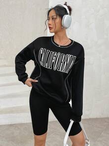 SHEIN Unity Letter Graphic Top-stitching Drop Shoulder Sweatshirt - Navy Blue - View 6