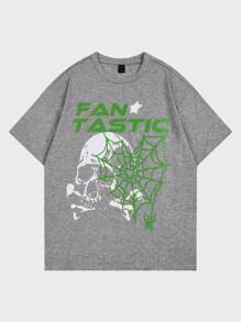 ROMWE MEN Goth Men Letter & Skull Print Tee - Grey - View 1