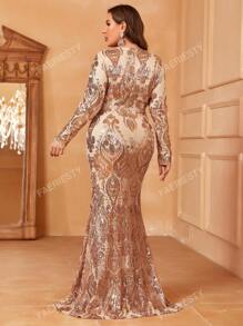 Faeriesty Plus Sweetheart Neck Sequin Prom Dress Elegant Long Sleeve Formal Evening Wedding Guest Gown, For Graduation, Dinner