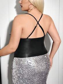 SHEIN ICON Plus Halloween Draped Collar PU Leather Halter Top Without Arm Sleeves - Black - View 2