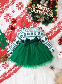 Bebé niña Vestido con estampado de Navidad con lazo delantero bajo con malla - Verde - Ver 1