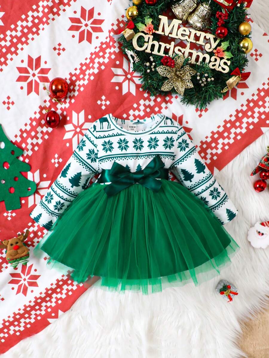 Bebé niña Vestido con estampado de Navidad con lazo delantero bajo con malla - Verde - Ver 1