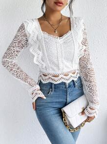 SHEIN Frenchy Sweetheart Neck Ruffle Trim Lace Top Winter Elegant White Spring - White - View 5